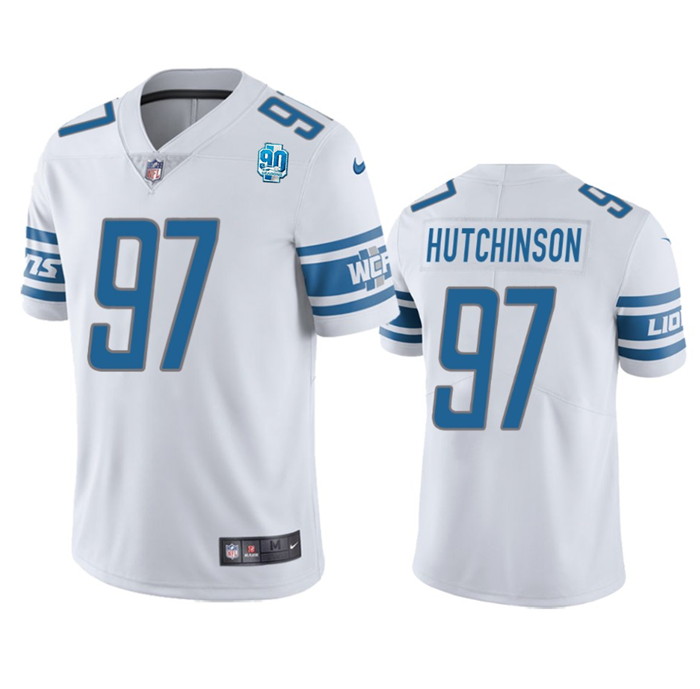 Men's Detroit Lions #97 Aidan Hutchinson White 2023 90th Anniversary Vapor Untouchable Limited Stitched Jersey